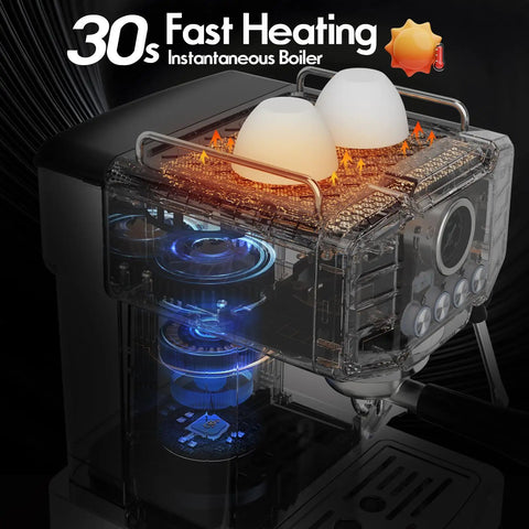 Heavy Duty Stainless Steel Espresso Machine Featuring A Clear Visual Pressure Gauge And A Mighty Twenty Bar Pump Pulling Straight Fire Shots With Knockout Quality Crema Daily, showcasing fast heating 30s boiler.