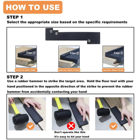 Universal Tapping Block For Vinyl Plank And Laminate Flooring With 3 Edges, Durable HDPE Construction, usage instructions with rubber hammer guide