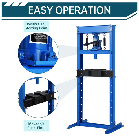 12 Ton Hydraulic H Frame Shop Press With Dual Press Plates, Heavy Duty Garage Floor Press For U Joints, Adjustable Work Table Height, Blue