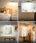 Collage showing 5W Motion Sensor LED Light Bar For Under Cabinet And Closet, installed in bedroom, kitchen, bathroom, and closet.
