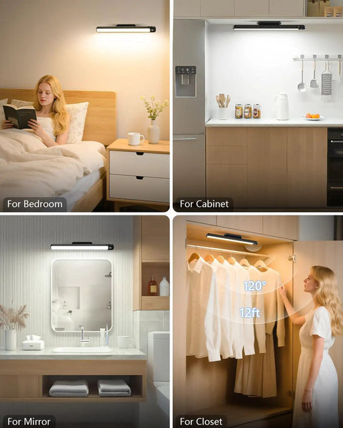 Collage showing 5W Motion Sensor LED Light Bar For Under Cabinet And Closet, installed in bedroom, kitchen, bathroom, and closet.