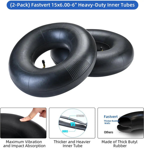 Two Pack Heavy Duty Inner Tubes Fifteen By Six Fits Lawn Mowers Yard Tractors Wheelbarrows ATVs And More With TR87 Bent Valve Stem