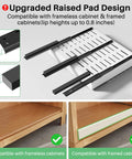 Upgraded raised pad design for Heavy Duty Pull Out Cabinet Organizer Expands To Fit Twelve Through Twenty Inches, shows compatibility details.