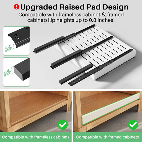Upgraded raised pad design for Heavy Duty Pull Out Cabinet Organizer Expands To Fit Twelve Through Twenty Inches, shows compatibility details.