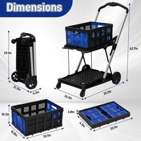 Heavy Duty Collapsible Shopping Cart On Wheels With Dual Bins Two Tier Folding Grocery Cart dimensions and design