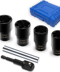 Six Piece Lug Nut Remover Socket Set Heavy Duty One Half Inch Drive Wheel Lock Bolt Extractor Kit 17mm 19mm 21mm 22mm Tough As Nails For Damaged Stripped Rounded Bolts And Fasteners CrMo Steel shown with blue carrying case and tools