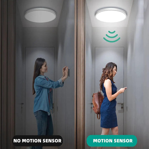 Two images of a hallway: one with and one without Motion Sensor LED Ceiling Light 12 Inch Flush Mount 24W Daylight Sensor.
