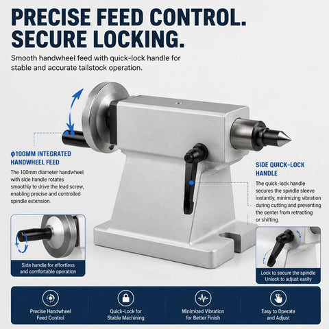 Rock Solid MT2 Lathe Tailstock Featuring 50mm Telescopic Travel And Detachable Rotary Live Center with quick-lock handle and 100mm handwheel.