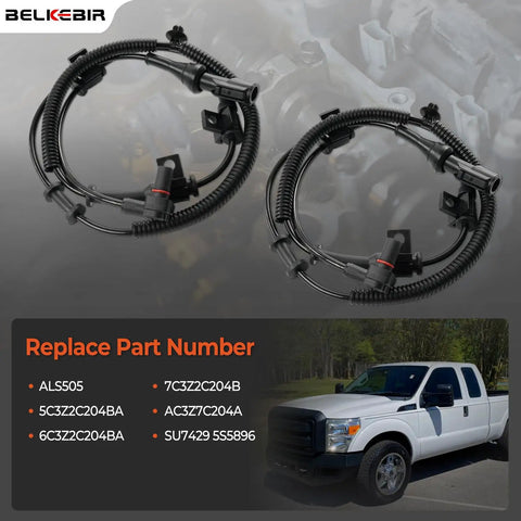 Front Abs Wheel Speed Sensor Pair For 2005 To 2010 Ford F250 And F350 Super Duty Trucks, OEM replacement sensors angle view.