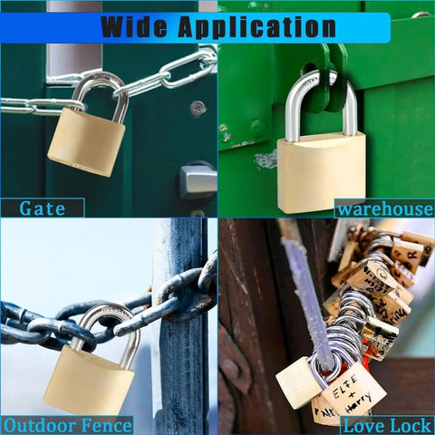 Padlocks securing gates, warehouse doors, outdoor fences, and multiple love locks, illustrating versatile security applications.
