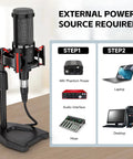 XLR Podcast Microphone Professional Cardioid Condenser Mic Kit With Desktop Stand next to power source setup instructions.