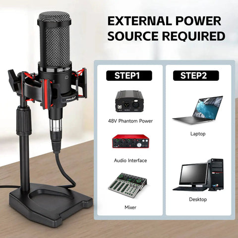 XLR Podcast Microphone Professional Cardioid Condenser Mic Kit With Desktop Stand next to power source setup instructions.