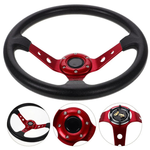 Universal 14 Inch Red PU Steering Wheel for Cars, Golf Carts, Dune Buggies, and Racing Karts with Horn Button