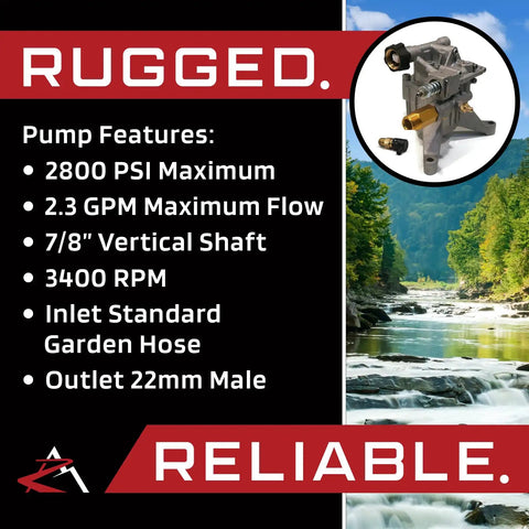 Heavy Duty Pressure Washer Water Pump For Excell VR2500 VR2522 VR2530 And Troy-Bilt 020486, 2800 PSI, 2.3 GPM, 3400 RPM features