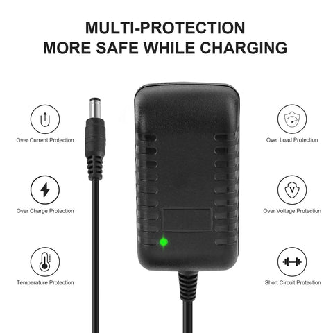 16.8V Massage Gun Charger Replacement with 59 Inch Cord, showing safety features and jack for LifePro Sonic Series and more.