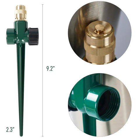 Two Pack Metal Lawn Sprinklers With Brass Heads And Aluminum Spike Base, 360 Degree Adjustable Nozzles for easy installation