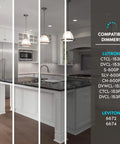 Modern kitchen with 6-Inch Ultra Thin LED Recessed Lighting Kit With 14W Dimmable Wet Rated Wafer Lights installed, list of compatible dimmers.