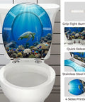 Round Resin Quiet Close Toilet Seat Cover for Bathroom featuring turtle print, adjustable fittings, and stainless steel hinge.