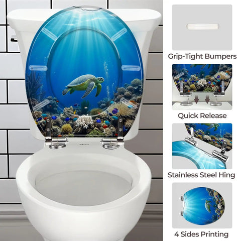 Round Resin Quiet Close Toilet Seat Cover for Bathroom featuring turtle print, adjustable fittings, and stainless steel hinge.