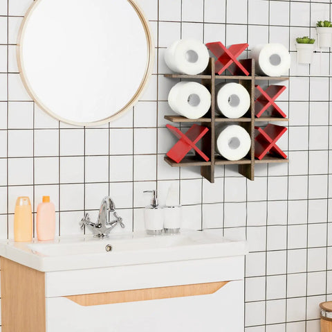 Tic Tac Toe Toilet Paper Holder Stand With Rustic Farmhouse Wood Decor With Vibe Freestanding or Wall Mounted in bathroom setting.