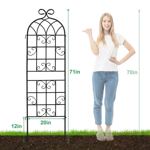 2 Pack Metal Garden Trellis For Climbing Plants, 6 Ft Tall By 20 In Wide, Rustproof Black Coating next to person for scale