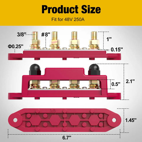 Four Post Three Eighths Inch Power Distribution Block 48V 250A Heavy Duty Marine Grade Bus Bar With Six Eight Gauge Screws For Auto RV Solar Wiring And Boat Black And Red, side and top size view