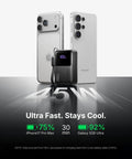 Hella Compact 10000 Mah Pocket Power Bank With Blazing 45W Fast Charging For Smartphones And Tablets next to iPhone and Samsung phones.