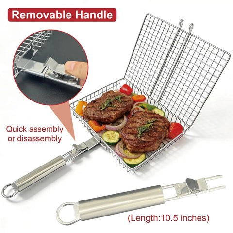 Stainless Steel Grill Basket With Detachable Handle For Outdoor Grilling Perfect For Fish Meats And Veggies Flip Easy And Even Heating A Slick Gift For Dad Camping And BBQ Lovers All In One Grilling Solution showing grilling with food
