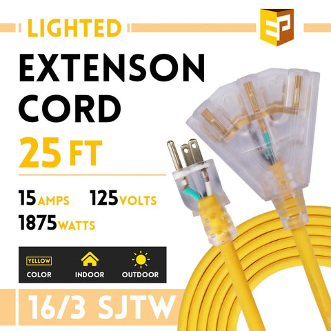 25 Ft Lighted Outdoor Extension Cord With Three Outlets, Heavy Duty 14/3 SJTW Yellow Cable, Close-up of three prong plug