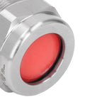 Close-up of stainless steel IP66 explosion-proof cable gland connector with red insert, 1 in G1 thread
