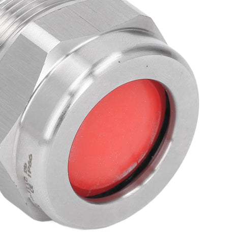 Close-up of stainless steel IP66 explosion-proof cable gland connector with red insert, 1 in G1 thread