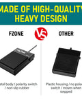 Comparison of FZONE compact all-metal sustain pedal vs. plastic pedal, highlighting heavy-duty design and polarity switch