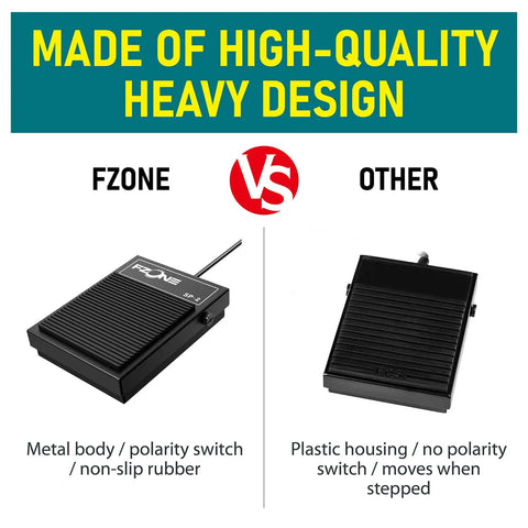 Comparison of FZONE compact all-metal sustain pedal vs. plastic pedal, highlighting heavy-duty design and polarity switch