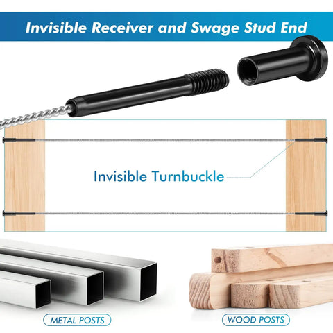 Diagram of 60 Pack Invisible Cable Railing Kit with T316 stainless one eighth inch receiver and swage stud ends for posts.