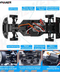 LDRC LD1899 1/18 RC Drift Car Nissan Skyline GTR R34 chassis with detailed parts and labels for steering, motor, and suspension.