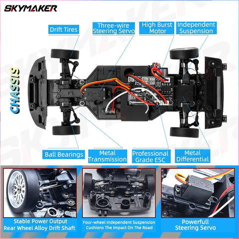 LDRC LD1899 1/18 RC Drift Car Nissan Skyline GTR R34 chassis with detailed parts and labels for steering, motor, and suspension.