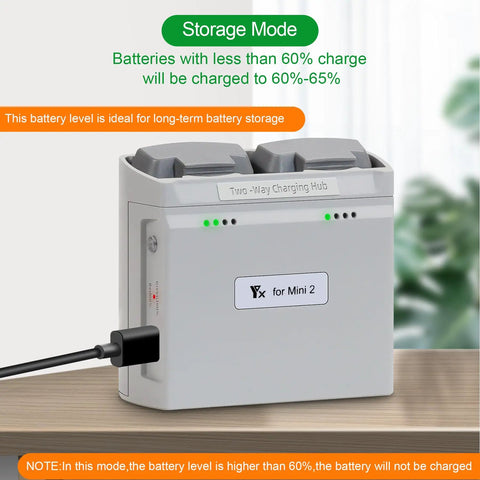 36W Multifunction Parallel Battery Charger For DJI Mini 4K, Mini 2, Mini 2 SE, And Mini SE Drone in storage charge mode on table