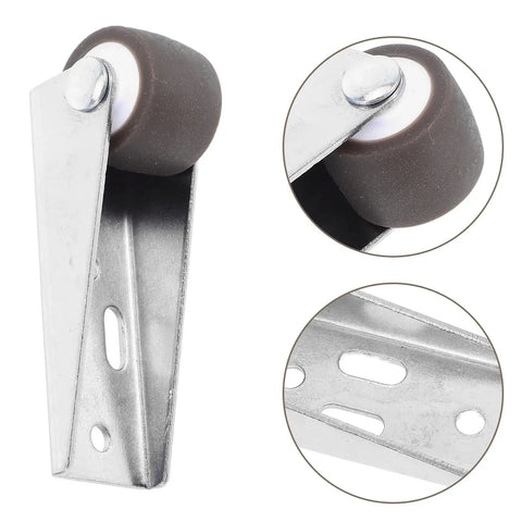 Four Piece Heavy Duty Sliding Door Rollers With Premium Rubber Caster Wheels For Wardrobe And Barn Cabinet Tracks close-up of caster wheel and glider