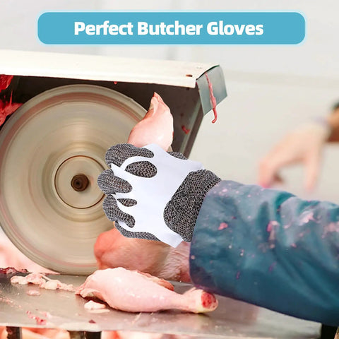 Cut Resistant Tough As Nails Stainless Steel Chainmail Glove For Meat Cutting Oyster Shucking And Fish Slicing Food Grade 316 Stainless Steel Butcher Glove Hygienic Easy To Clean Size Small being used in a kitchen environment with a meat slicer.