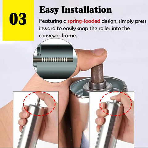 Easy installation of non powered stainless steel conveyor rollers. Spring-loaded design for simple assembly. Upgrade Your Woodworking Workflow With Non Powered Stainless Steel Conveyor Rollers That Glide Smoothly For Perfect Outfeed And Keep Materials From Slipping In Factories Or Warehouses 5 Pack Size 30 Cm Easy Install.