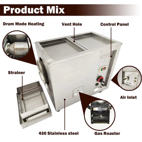 Heavy Duty Commercial Gas Coffee Roaster Featuring A Rock Solid Stainless Steel Drum And Full Automatic Controls For Beans Nuts Peanuts Seeds With No Sweat Operation And Straight Fire Results including vent hole and control panel.