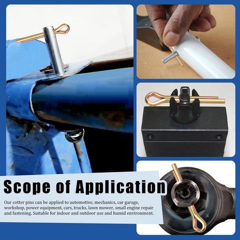 Cotter pin clips being used in various automotive and gear repair applications, highlighting 136 Piece Cotter Pin Clips Set With Nine Sizes Colored Zinc Split Pins For Automotive Gearheads And DIYers Cars Trucks Lawn Mowers And Small Engine Repair M2 Through M6 A Handy Heavy Duty Assortment For Quick Durable Fits