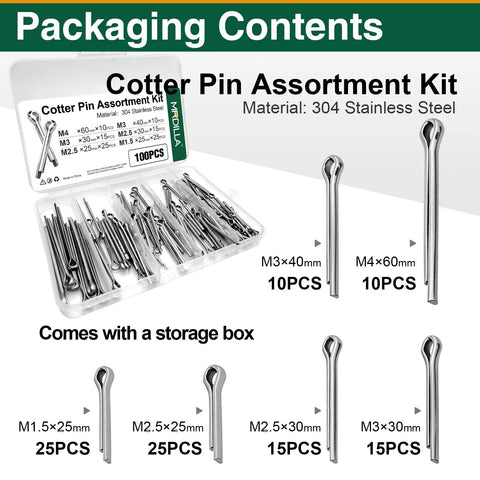 100 Piece Cotter Pins Assortment Kit Stainless Steel 304 Split Pins Set with storage box and sizes labeled