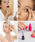 Cotton swabs on six-inch bamboo sticks used for makeup; collage shows lip, brow and eye makeup and pink nail polish.