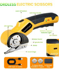 Yellow cordless electric scissors go to box cutter for cardboard and more, 4V rechargeable with two blades and USB charging cable.