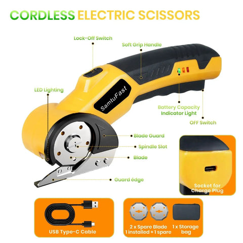 Yellow cordless electric scissors go to box cutter for cardboard and more, 4V rechargeable with two blades and USB charging cable.