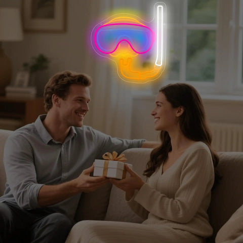 Couple with gift under Neon Sign Diver Mask Style Scuba Diving LED Neon Light For Wall Decor And Beach House Dope Vibe Perfect