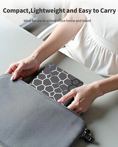 8 In 1 External CD DVD Drive USB 3 And Type C Disc Reader Burner For Laptops And PCs Fast Transfer No Driver Needed Wide Compatibility With Windows Mac And Chrome OS in gray hex pattern, shown being placed in a laptop bag