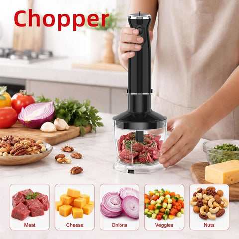 Top Shelf 1000W Five In One Immersion Blender Kit With Heavy Duty Food Chopper And Silent Whisk Tool for chopping meat and veggies.