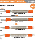 Professional Grade Spring Loaded Dual Head Nail Setter And Center Punch Workhorse Built From Heat Treated Steel For Tough Woodworking Jobs That Throw Kickin Force And Require Zero Finesse Setup - 4 piece tool set displayed with sizes.